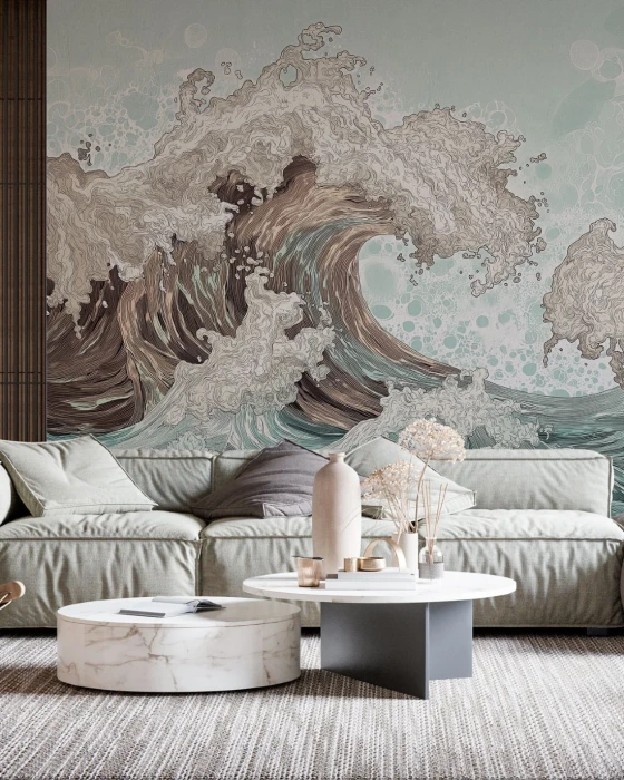 Mural z oceanem – ilustracyjna tapeta z potężnymi falami i morską pianą