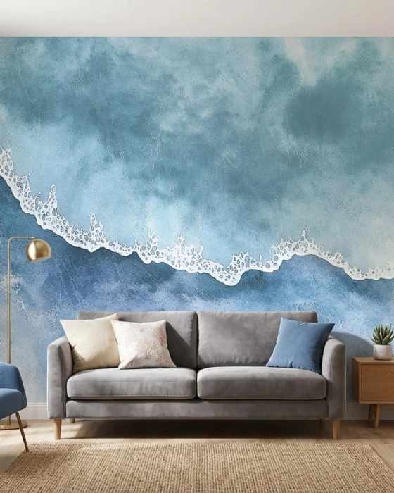 Tapeta z oceanem i spienioną falą AQUA MIRAGE w salonie