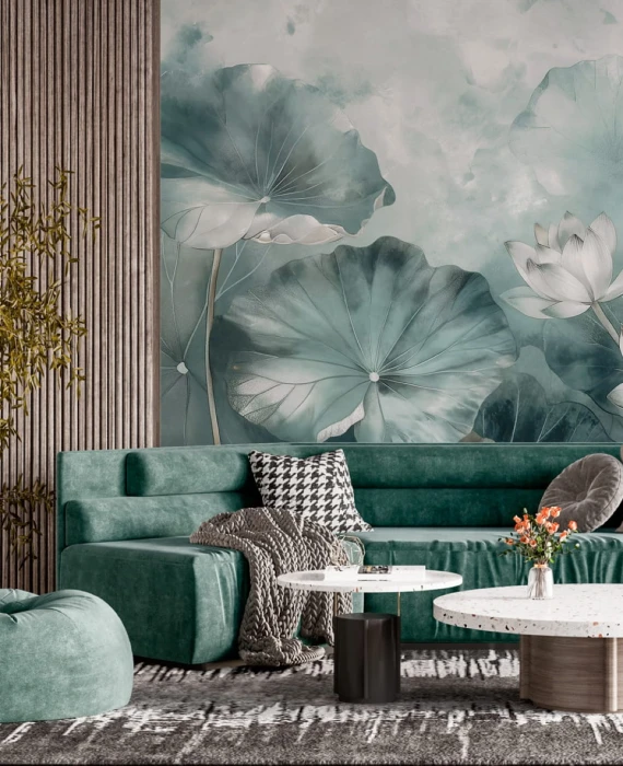 Tapeta z liśćmi i kwiatami lotosu – subtelny roślinny mural do salonu lub sypialni