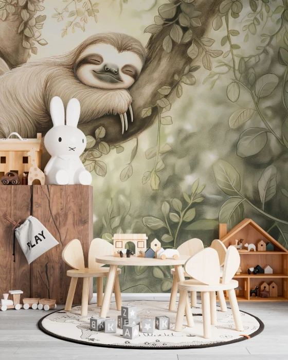 Mural ścienny z leniwcem na drzewie – tapeta ze zwierzętami i motywem natury