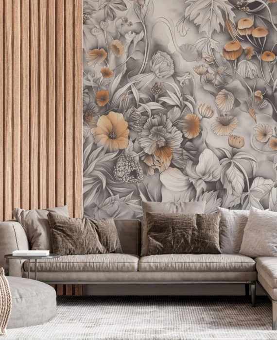 Mural botaniczny z kwiatami – artystyczna tapeta w odcieniach szarości i ciepłego beżu
