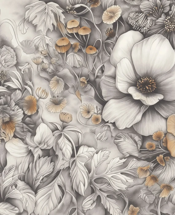 Tapeta w kwiaty – botaniczny mural ścienny w szarości z beżowo-złotymi akcentami