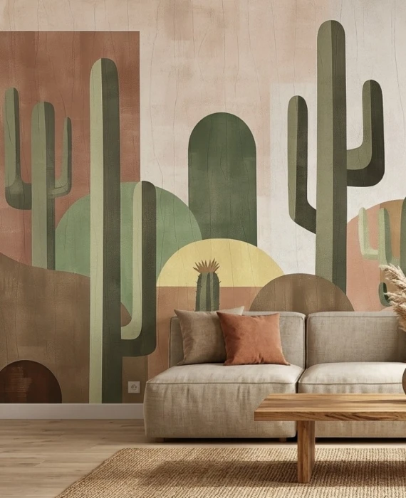 Mural ścienny z kaktusami – geometryczna tapeta w stylu boho i retro