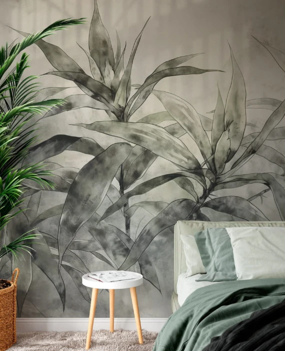 Botaniczna tapeta na ścianę – duże egzotyczne liście w stonowanej zieleni i szarości