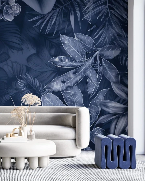 Mural ścienny z egzotycznymi roślinami – duże liście monstery i palm w ciemnej kolorystyce