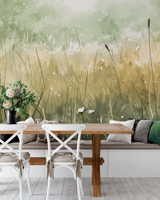 Zielona tapeta botaniczna z łąką – naturalny roślinny wzór do sypialni lub salonu