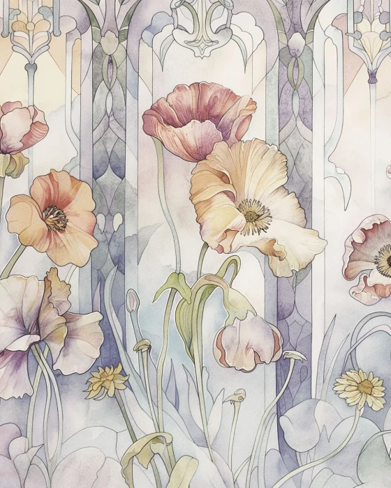 Tapeta na ścianę z makami – pastelowy mural kwiatowy inspirowany stylem Art Nouveau