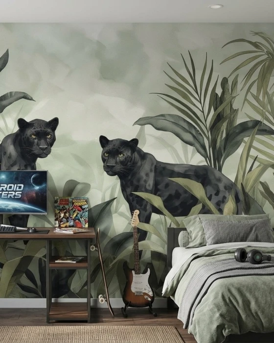 Tapeta z dwiema czarnymi panterami w tropikalnych liściach EXOTICA