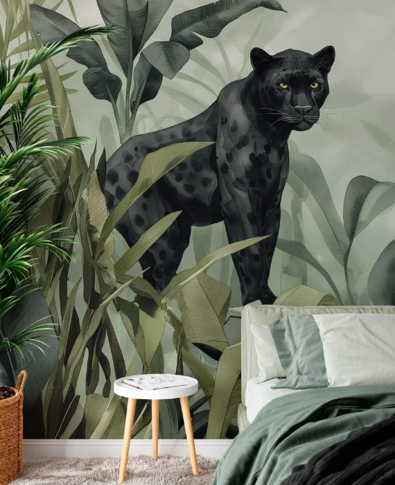 Mural ścienny tropikalna dżungla – czarne pantery wśród palm i egzotycznych liści