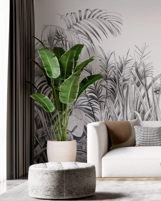 Mural ścienny dżungla – monochromatyczne palmy, bananowce i egzotyczne rośliny
