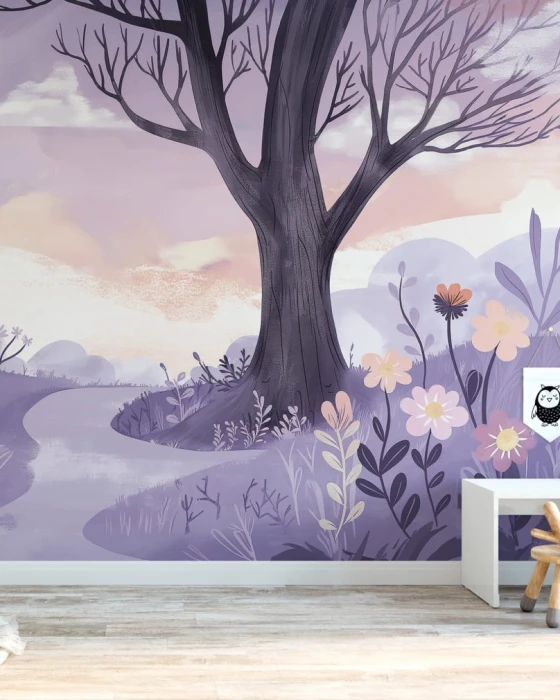 Mural ścienny z łąką i drzewem – ilustracyjny pejzaż w pastelowym fiolecie