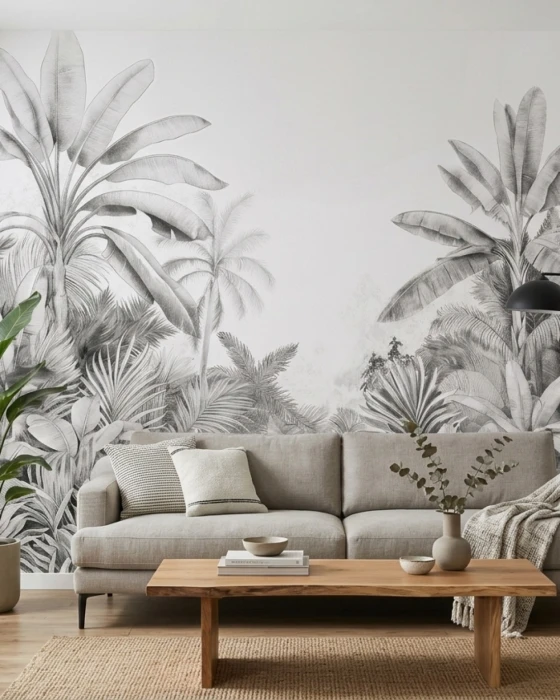 Czarno-biała tapeta z palmami i tropikalną roślinnością PALMERA