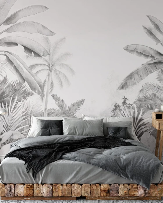 Mural ścienny tropikalny – wysokie palmy i liście bananowca w monochromatycznym stylu