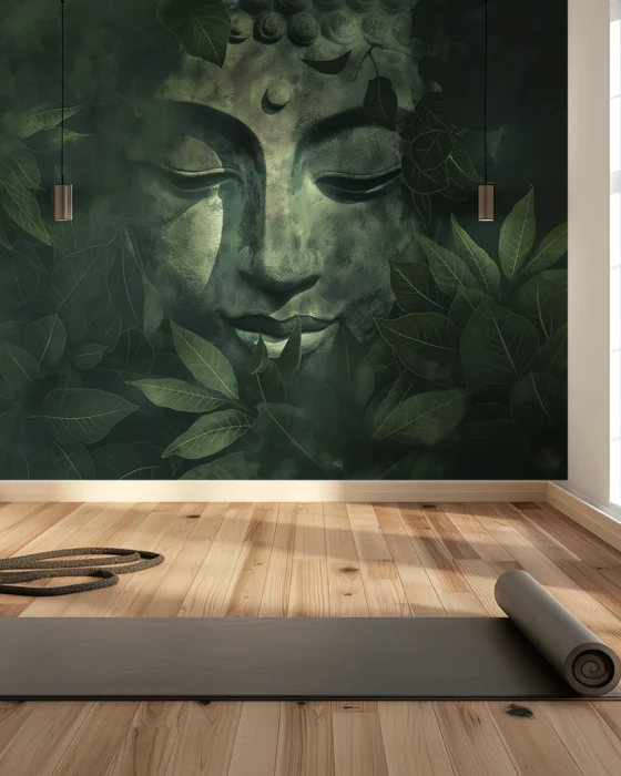 Mural ścienny Buddha – spokojna twarz Buddy otoczona tropikalną roślinnością