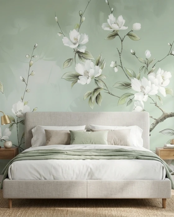 Mural ścienny z kwiatami i gałęziami – subtelna tapeta botaniczna w pastelowej zieleni