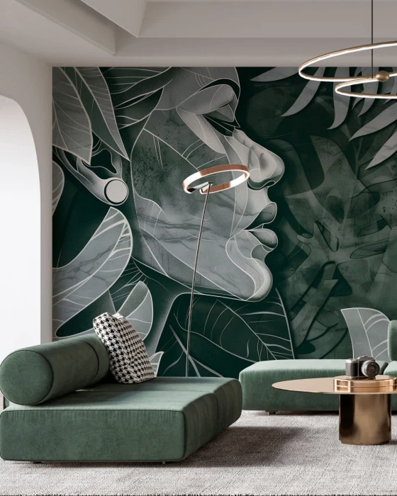 Mural ścienny z kobiecym portretem – geometryczna ilustracja otoczona tropikalną roślinnością