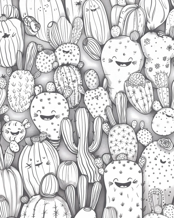 Tapeta na ścianę z kaktusami – ilustracyjny motyw roślinny z uroczymi postaciami w stylu doodle