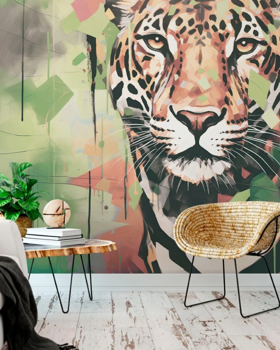 Mural ścienny z lampartem – efektowny motyw zwierzęcy z abstrakcyjnymi plamami farby