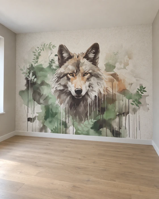 Tapeta leśna z wilkiem – geometryczny mural ze zwierzęciem i motywem natury w stonowanych barwach