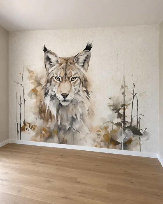 Tapeta leśna z rysiem – nowoczesny mural ze zwierzęciem i motywem natury w stonowanych barwach