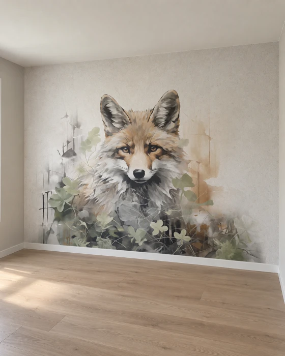 Tapeta leśna z lisem – nowoczesny mural ze zwierzęciem i delikatnym motywem roślinnym