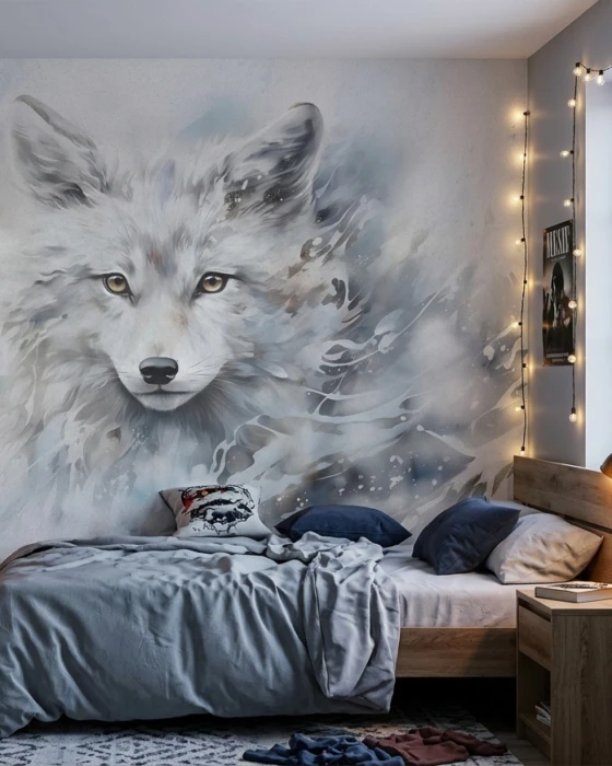 Tapeta z białym lisem – akwarelowy mural ścienny w jasnych błękitnych i szarych odcieniach