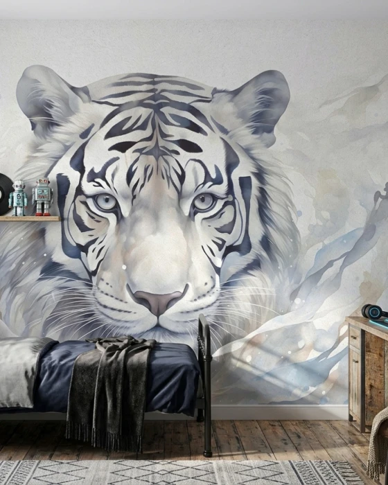 Tapeta z białym tygrysem – akwarelowy mural ścienny w jasnych błękitnych, szarych i beżowych odcieniach