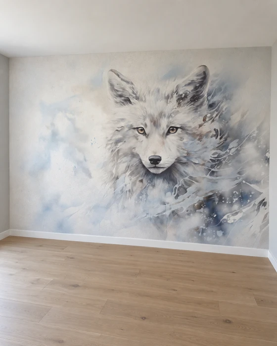 Jasna tapeta z lisem polarnym – artystyczny mural z portretem lisa w bieli, szarości i błękicie