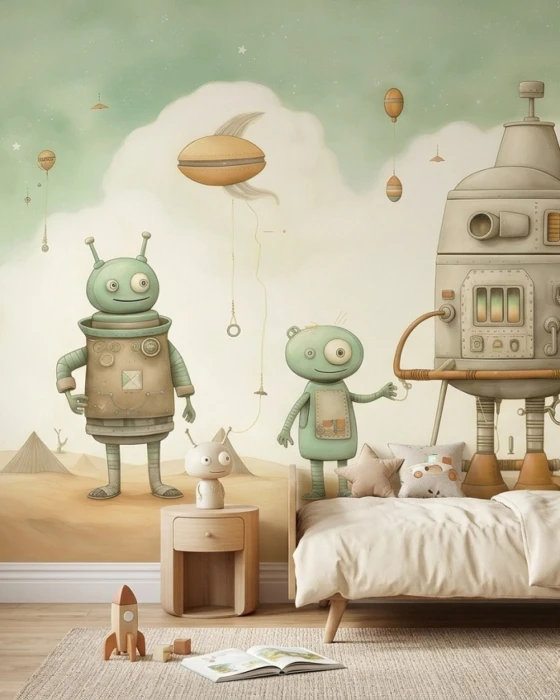 Tapeta z robotami dla dzieci – kosmiczny mural z robotami odkrywcami na pastelowej planecie