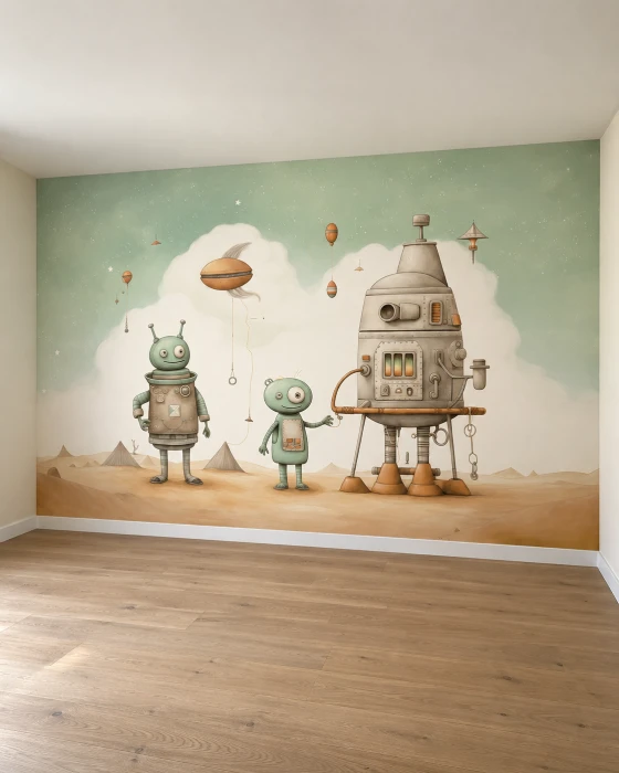 Tapeta dla dzieci z robotami – pastelowa ilustracja science fiction z robotami i kosmicznym krajobrazem