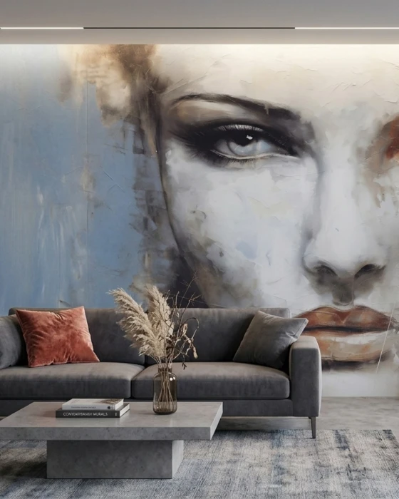Tapeta z twarzą kobiety – artystyczny mural ścienny w abstrakcyjnym malarskim stylu
