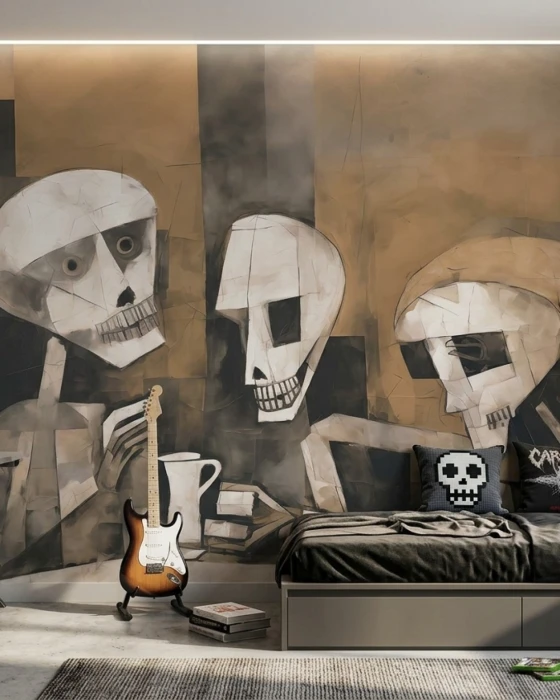 Tapeta z trzema szkieletami – artystyczny mural ścienny w stylu abstrakcyjnym