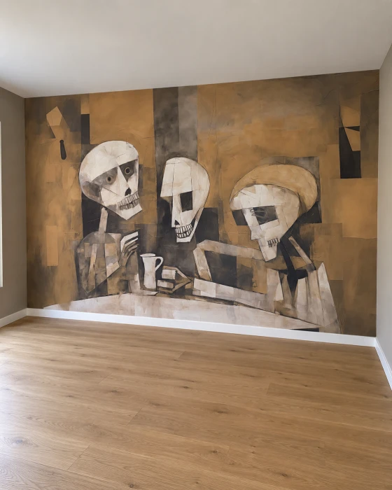 Mural ze szkieletami – oryginalna artystyczna tapeta do salonu, gabinetu lub loftowego wnętrza