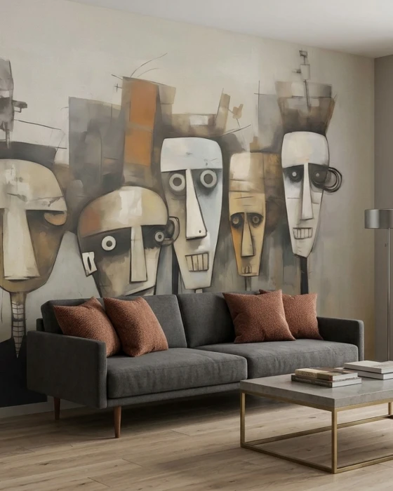 Abstrakcyjna tapeta z postaciami – artystyczny mural ścienny w stylu kubistycznym