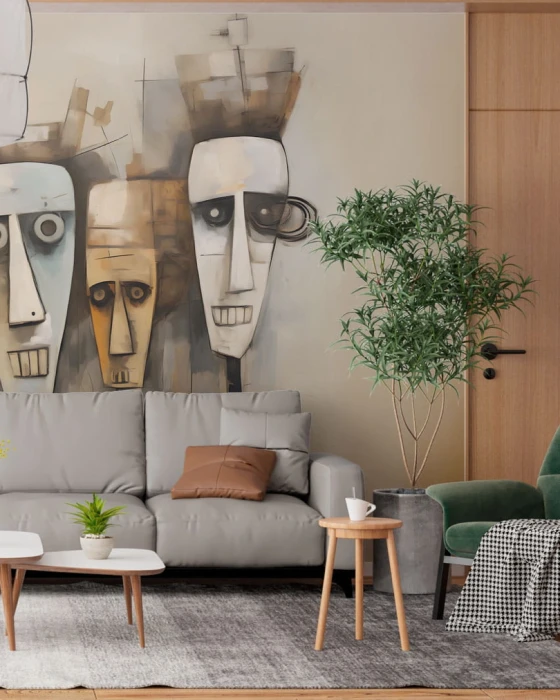 Artystyczny mural z geometrycznymi twarzami – nowoczesna tapeta do salonu lub gabinetu