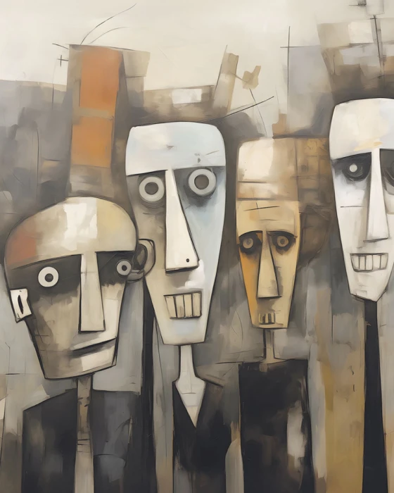 Nowoczesna tapeta z abstrakcyjnymi twarzami – beżowy mural artystyczny na ścianę