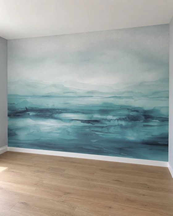 Turkusowa tapeta z pejzażem – minimalistyczny mural z jeziorem i górami