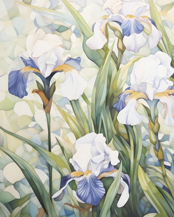 Tapeta botaniczna z białymi irysami – elegancki mural kwiatowy na ścianę