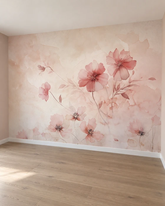 Pastelowa tapeta z różowymi kwiatami – romantyczny mural do sypialni