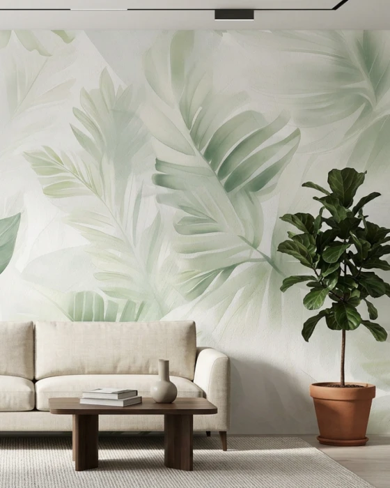 Tapeta z tropikalnymi liśćmi – jasny zielony mural botaniczny na ścianę