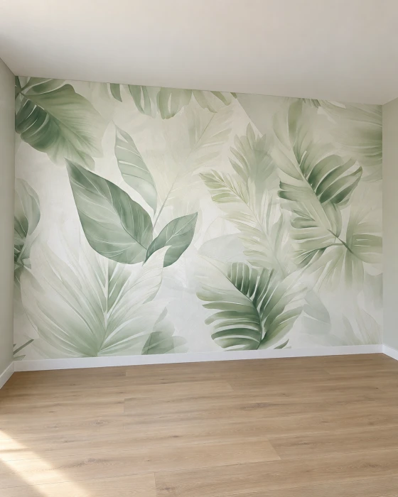 Tapeta tropikalna z liśćmi monstery i palm – delikatny zielony wzór botaniczny