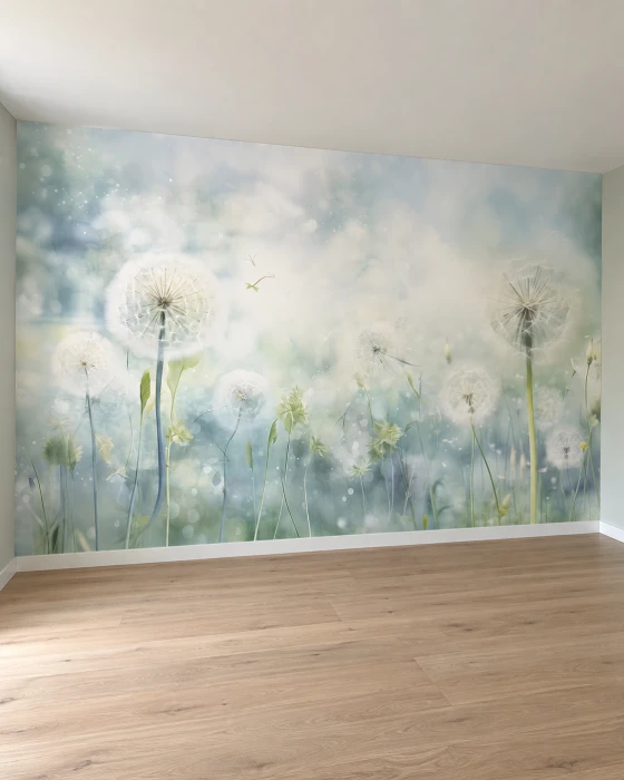 Botaniczna tapeta z dmuchawcami – subtelny roślinny mural w jasnych odcieniach