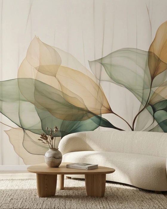 Tapeta z liśćmi – abstrakcyjny mural botaniczny w zieleni i beżu