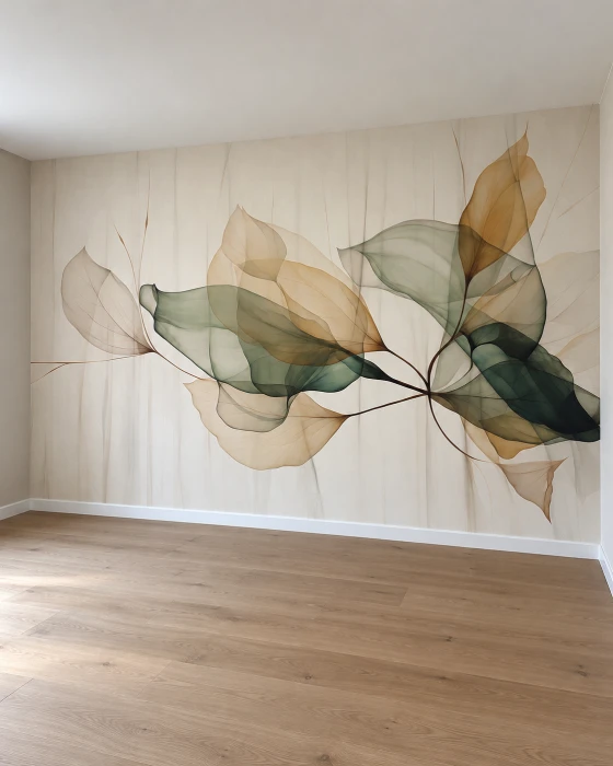 Nowoczesna tapeta z dużymi liśćmi – subtelny roślinny mural na jasnym tle