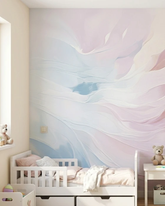 Nowoczesny mural abstrakcyjny – subtelne różowo-błękitne fale na jasnym tle
