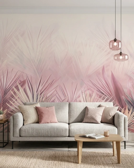 Tapeta z liśćmi palmowymi – tropikalny mural ścienny w pudrowym różu