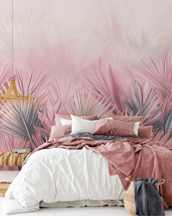 Tapeta na ścianę z palmami – różowy botaniczny mural z egzotycznymi liśćmi