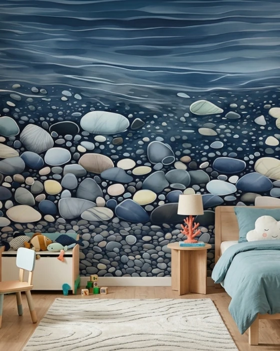 Tapeta z kamieniami pod wodą – morski mural ścienny w odcieniach granatu i błękitu