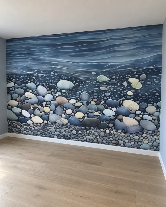 Mural ścienny z kamienistym dnem oceanu – niebieska tapeta inspirowana naturą