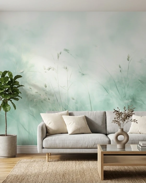 Zielona tapeta botaniczna – subtelny mural ścienny z wysokimi trawami